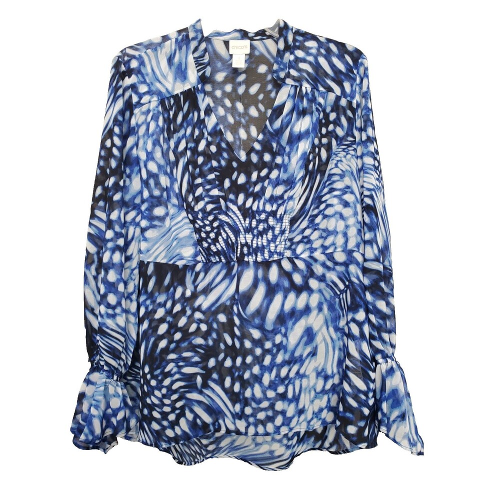 Chico's Blue Mosaic Bi-Color Sheer Bell Sleeve Pleated Tunic Size 1 Medium